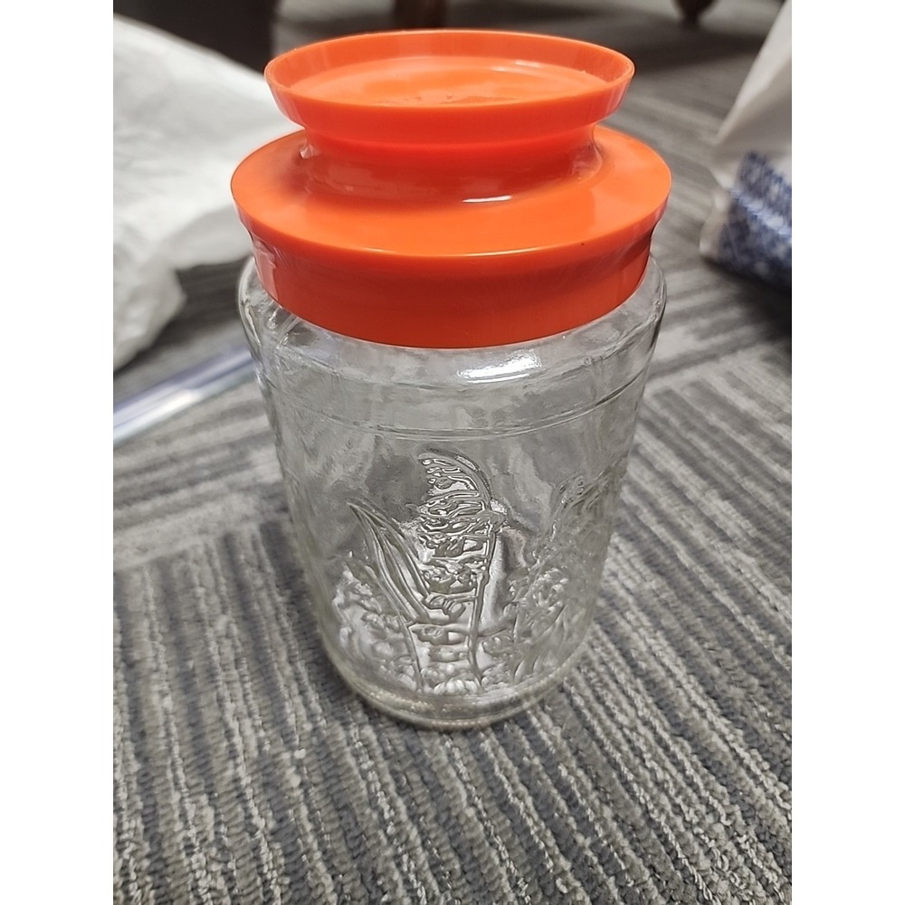 Vintage Anchor Hocking Tang Glass Jar Canister Orange Lid Lighthouse Storage Jar